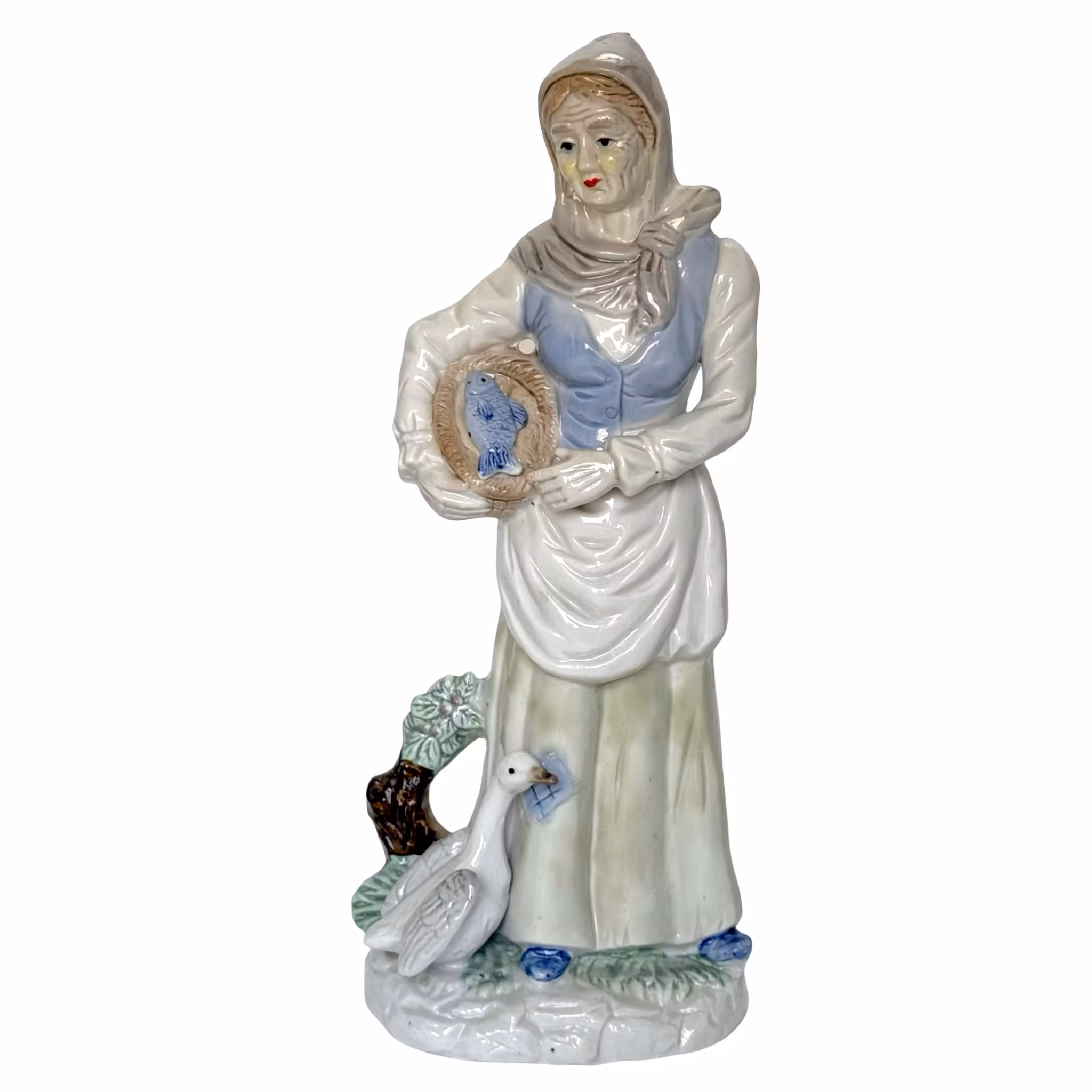 Figurine, girl with goose and fish in basket, porcelain