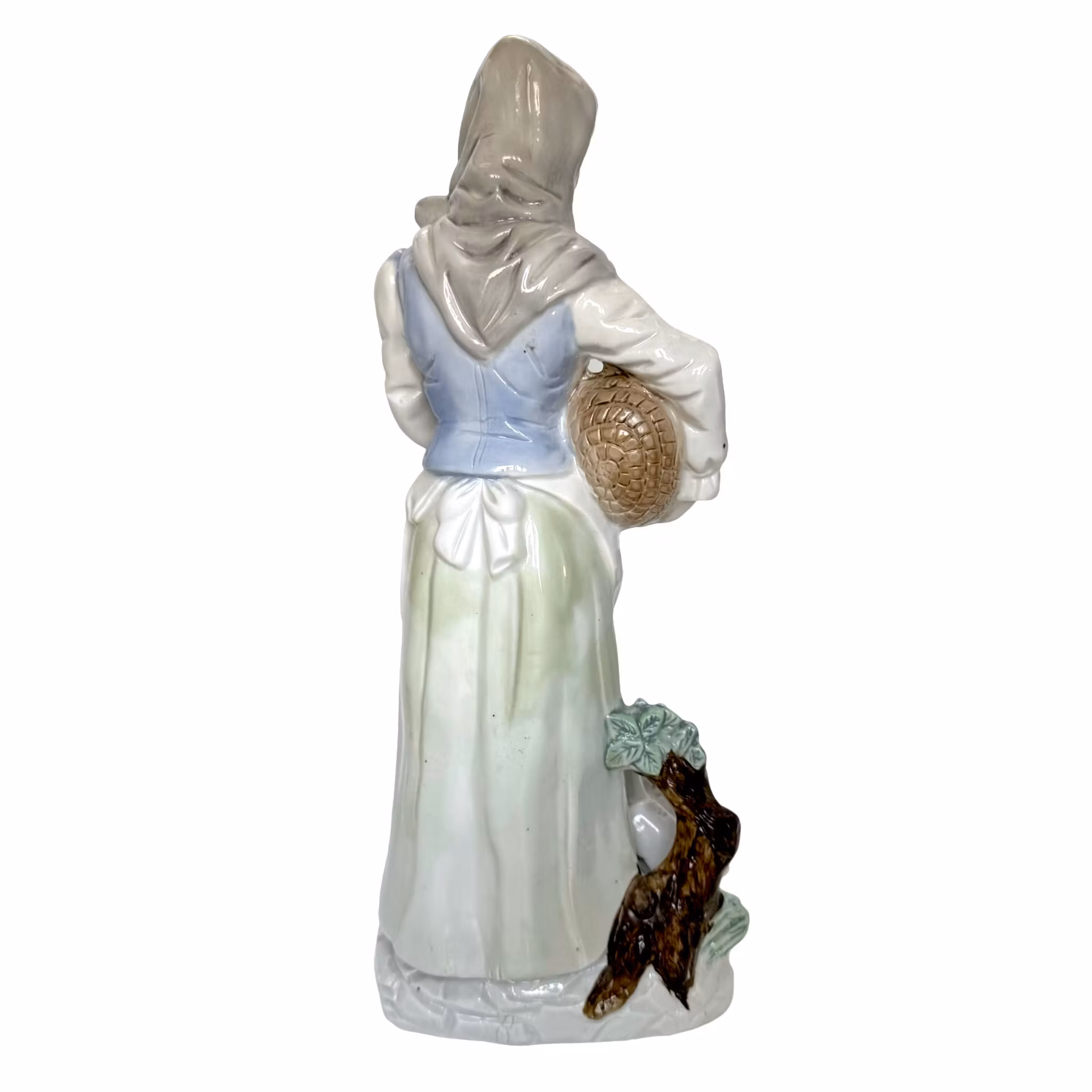 Figurine, girl with goose and fish in basket, porcelain
