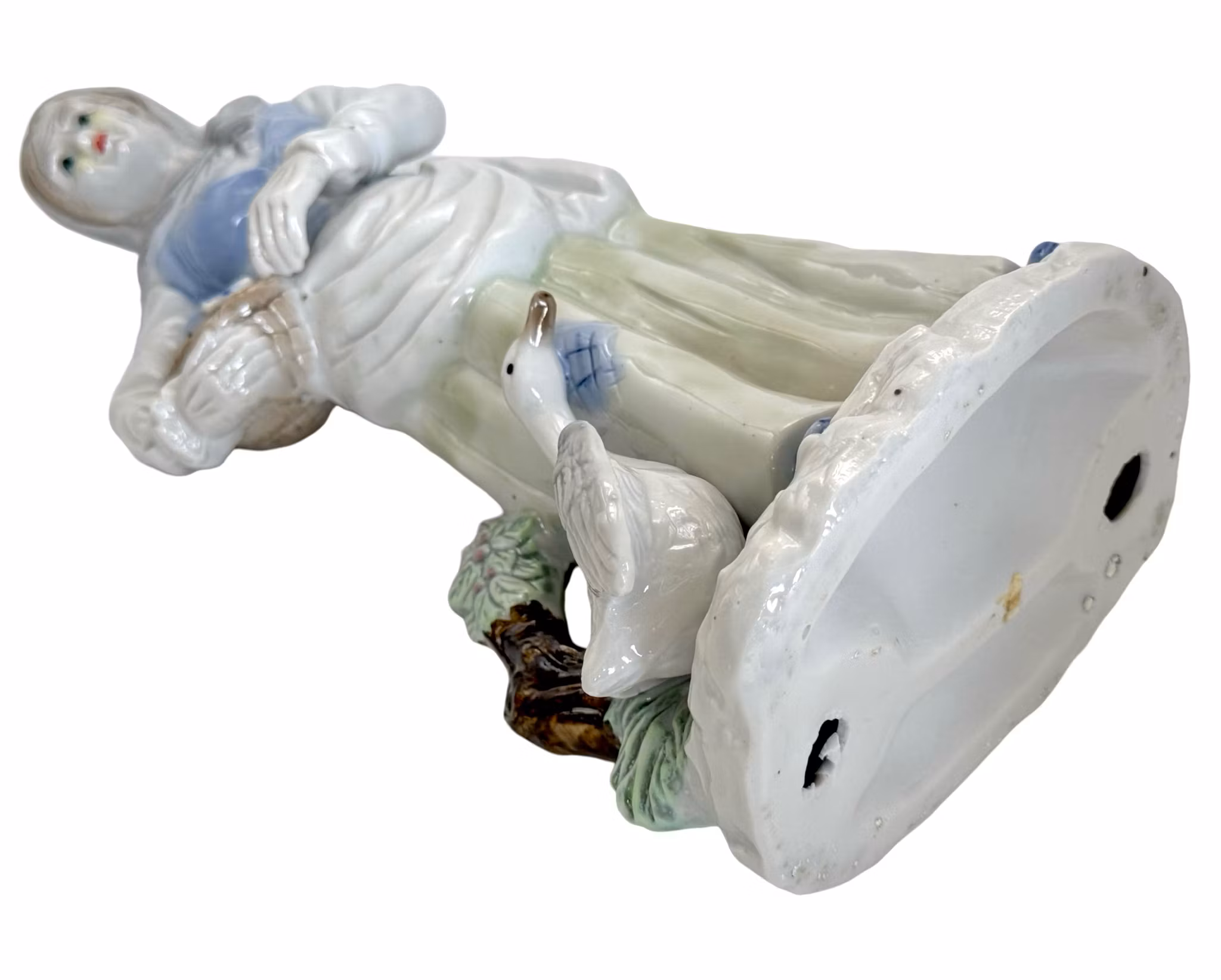 Figurine, girl with goose and fish in basket, porcelain