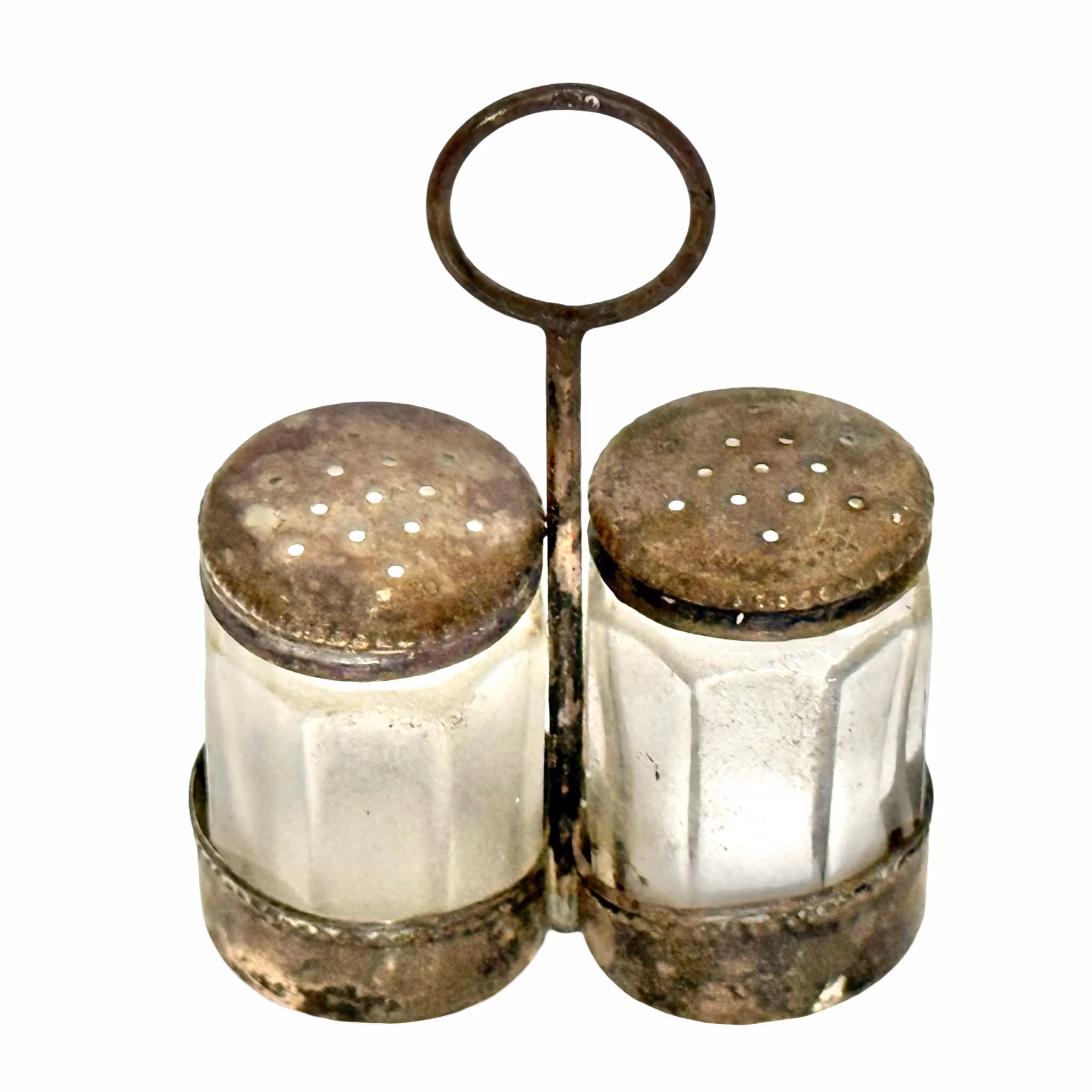 Set di saliera e pepiera in argento e vetro con contenitore in argento 835