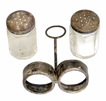 Salt och pepparkar set i silver och glas med behållare i 835 silver