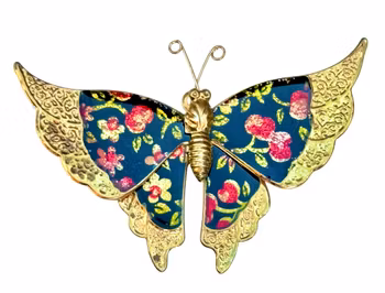 Broszka w kształcie motyla z kwiatami, emaliowana/pozłacana