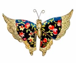 Vintage sommerfuglebroche med blomster, emalje/forgyldt