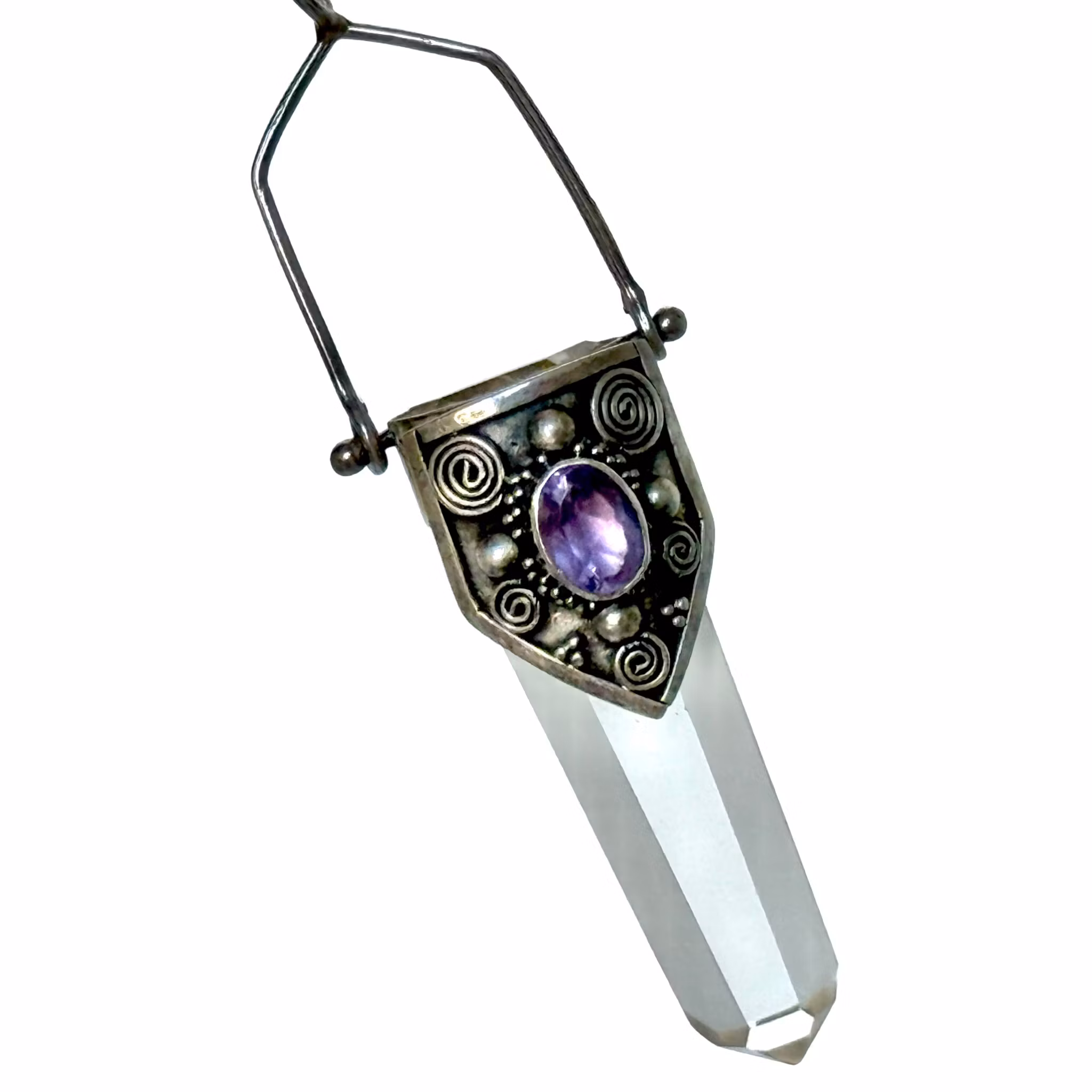 Naszyjnik vintage z ametystem i kryształem górskim ze srebra próby 925