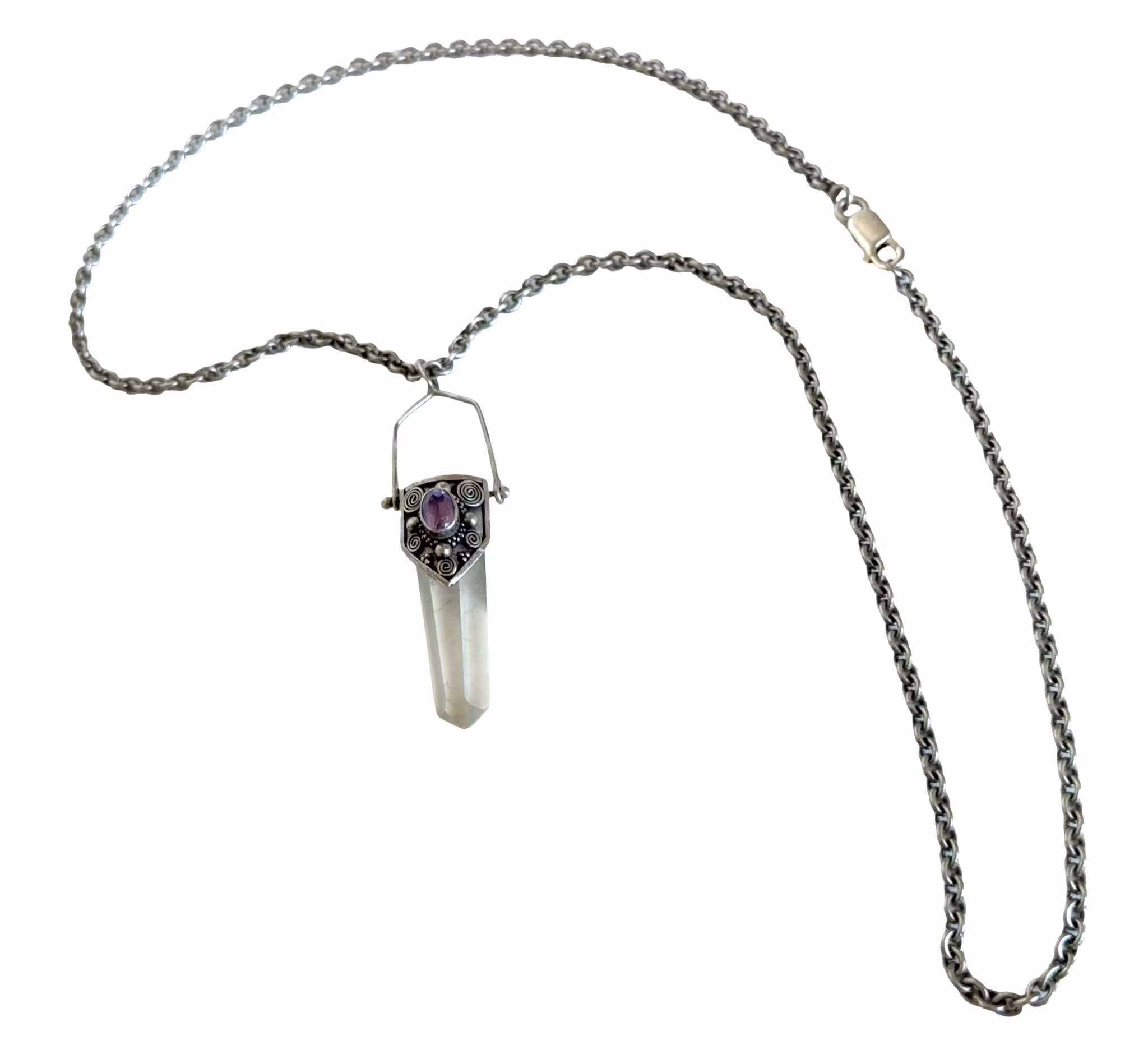 Naszyjnik vintage z ametystem i kryształem górskim ze srebra próby 925