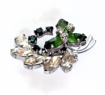 Broszka vintage, szkło zielone/białe