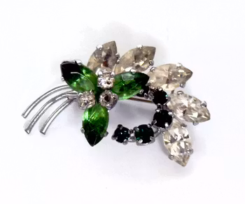 Broszka vintage, szkło zielone/białe