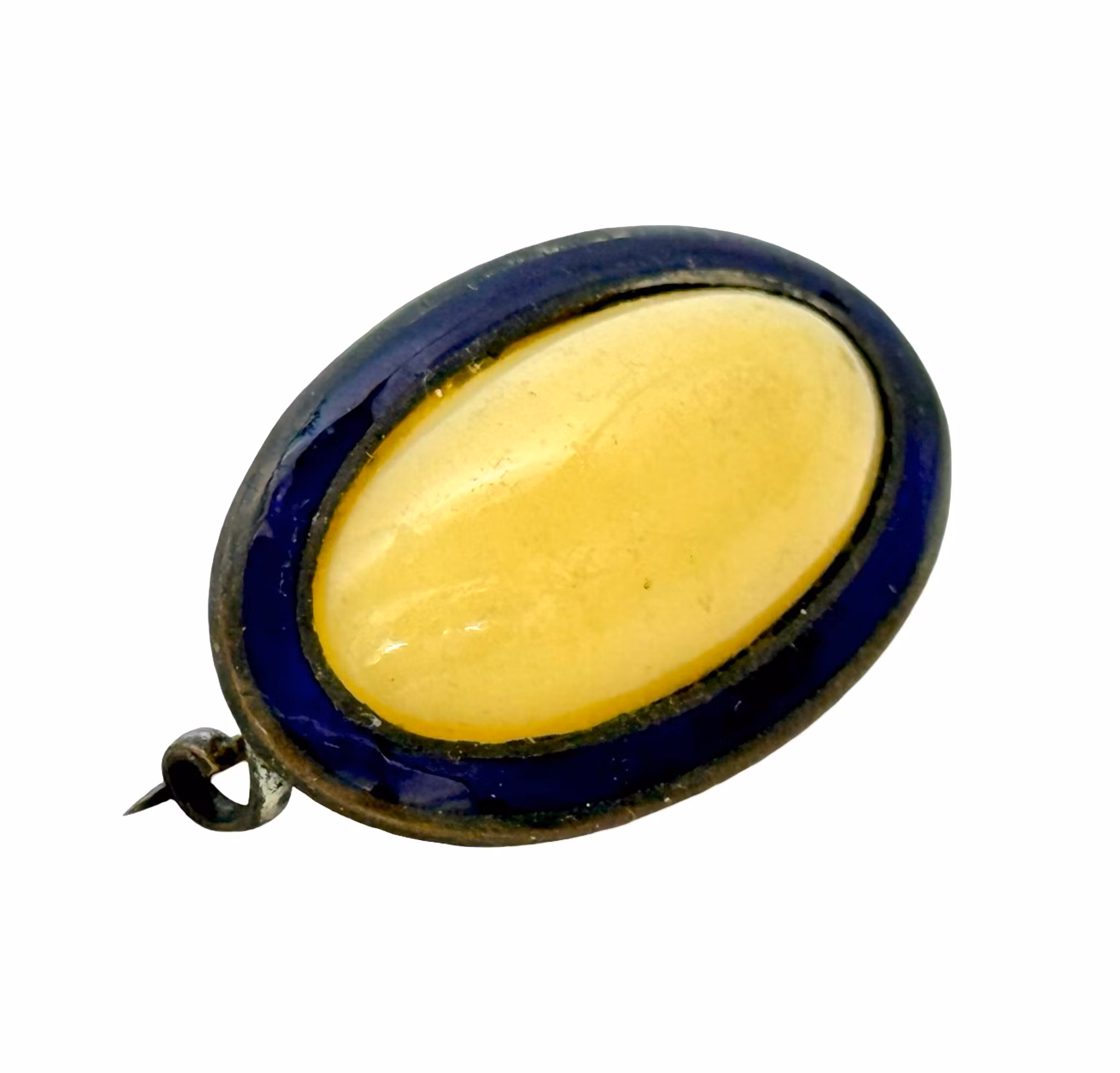 Broche victoriano antiguo en esmalte azul con metal.