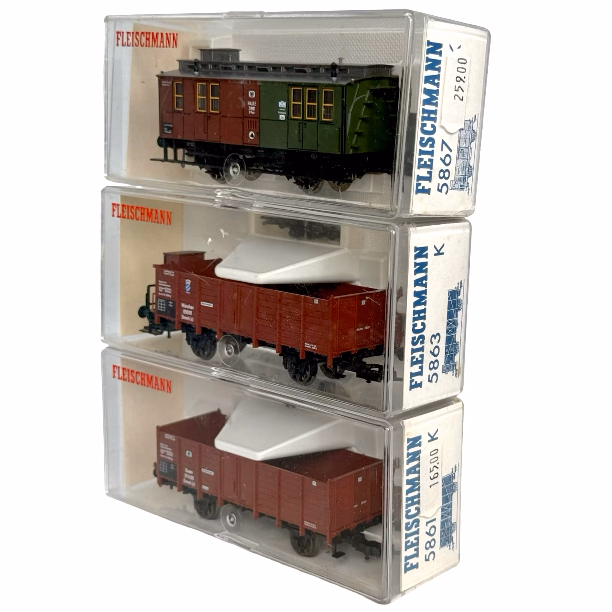 3 kpl, Fleischmann 5861, 5863, 5867 H0-mittakaava, pienoismallivaunut