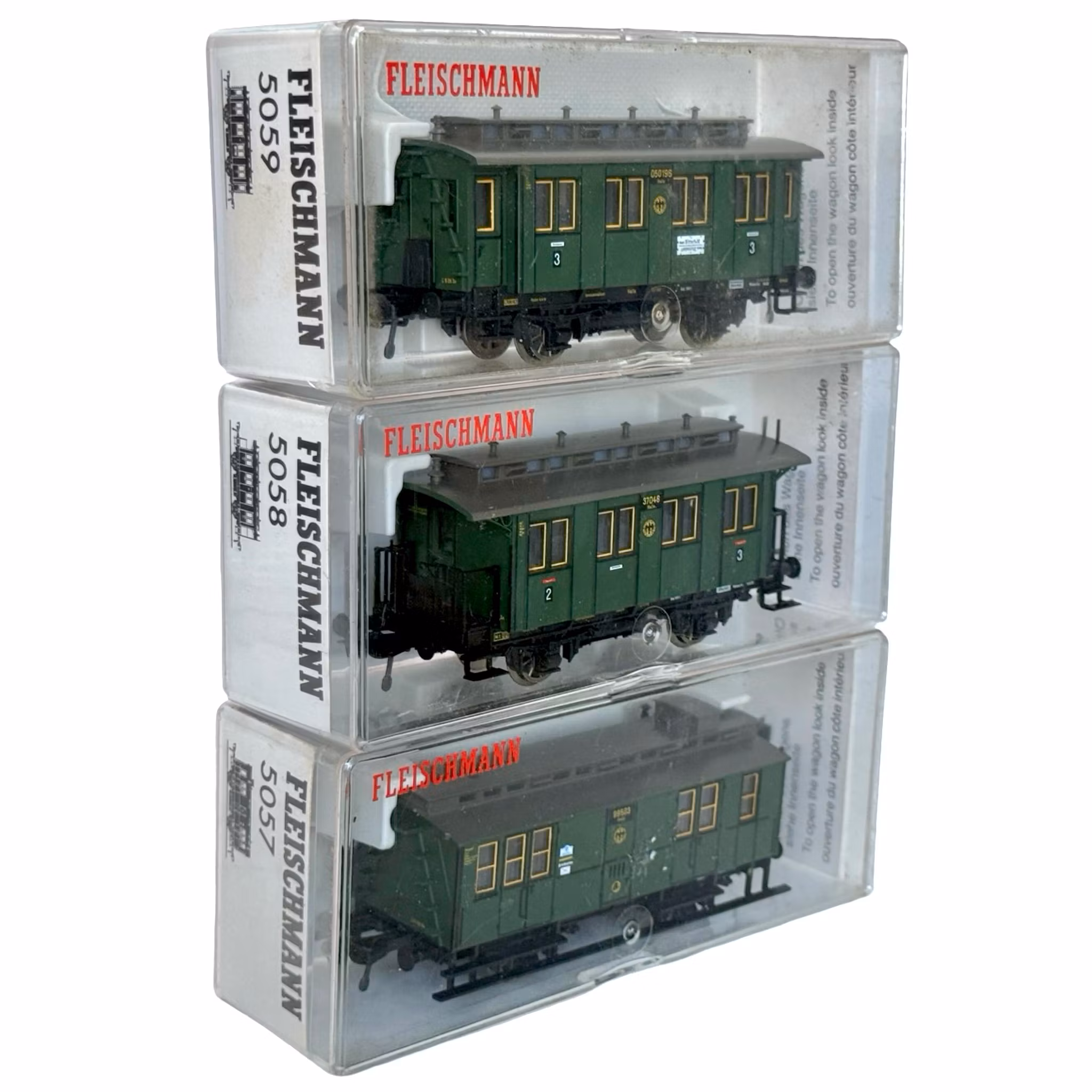 3 stk., Fleischmann 5057, 5058, 5059 H0 skala, Modelljernbanevogner