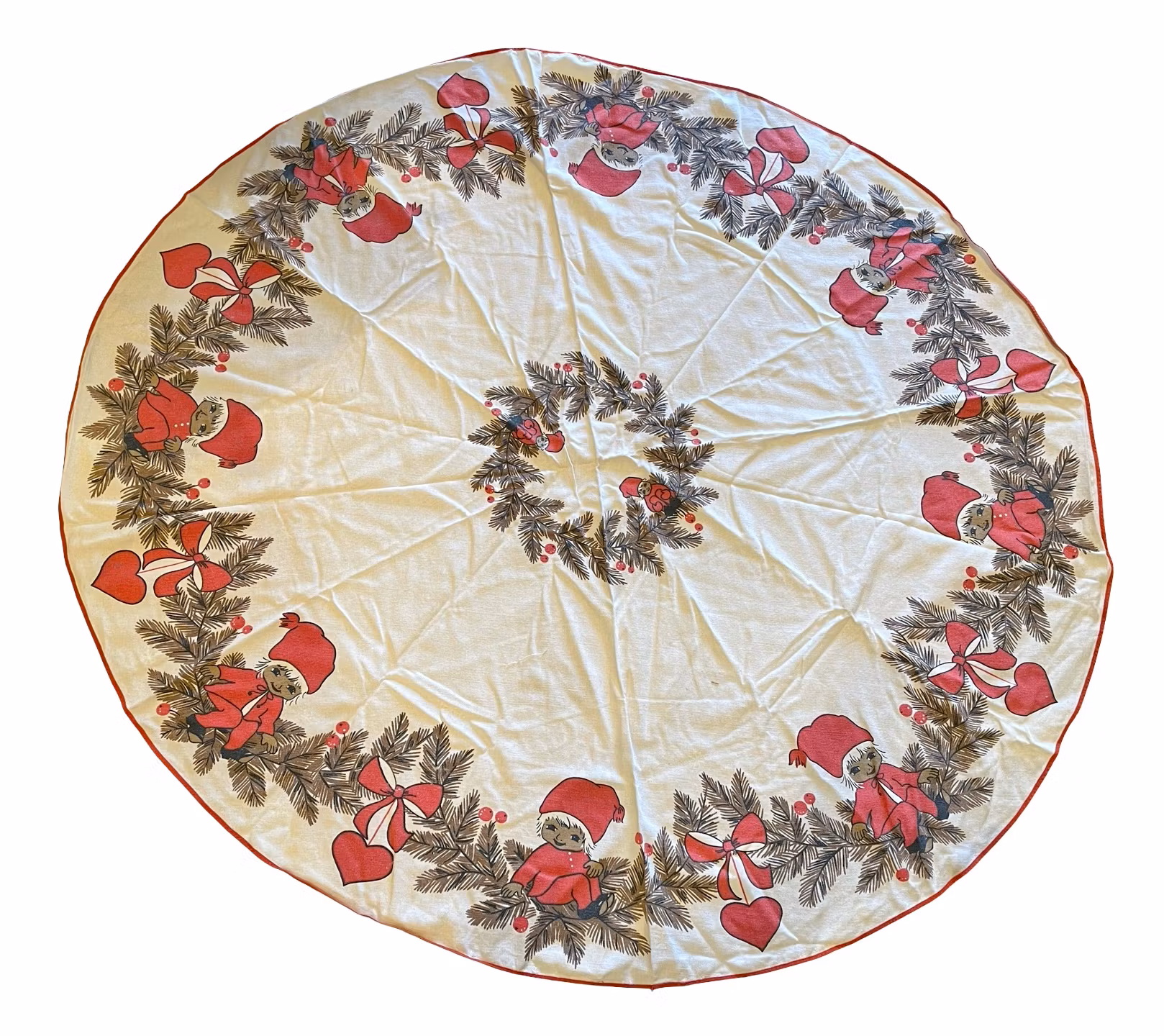 Vintage stor rund julduk med tryckt mönster dia 130 cm