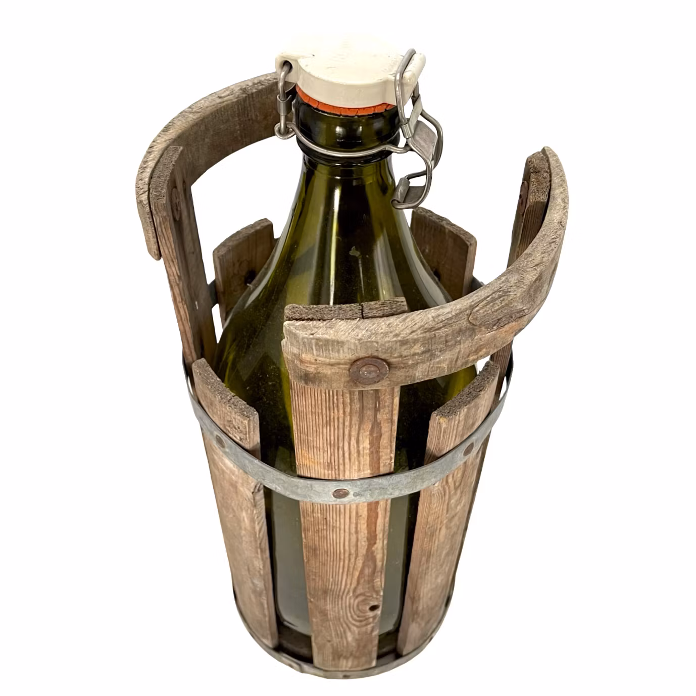 Stor glasflaska i trähållare
