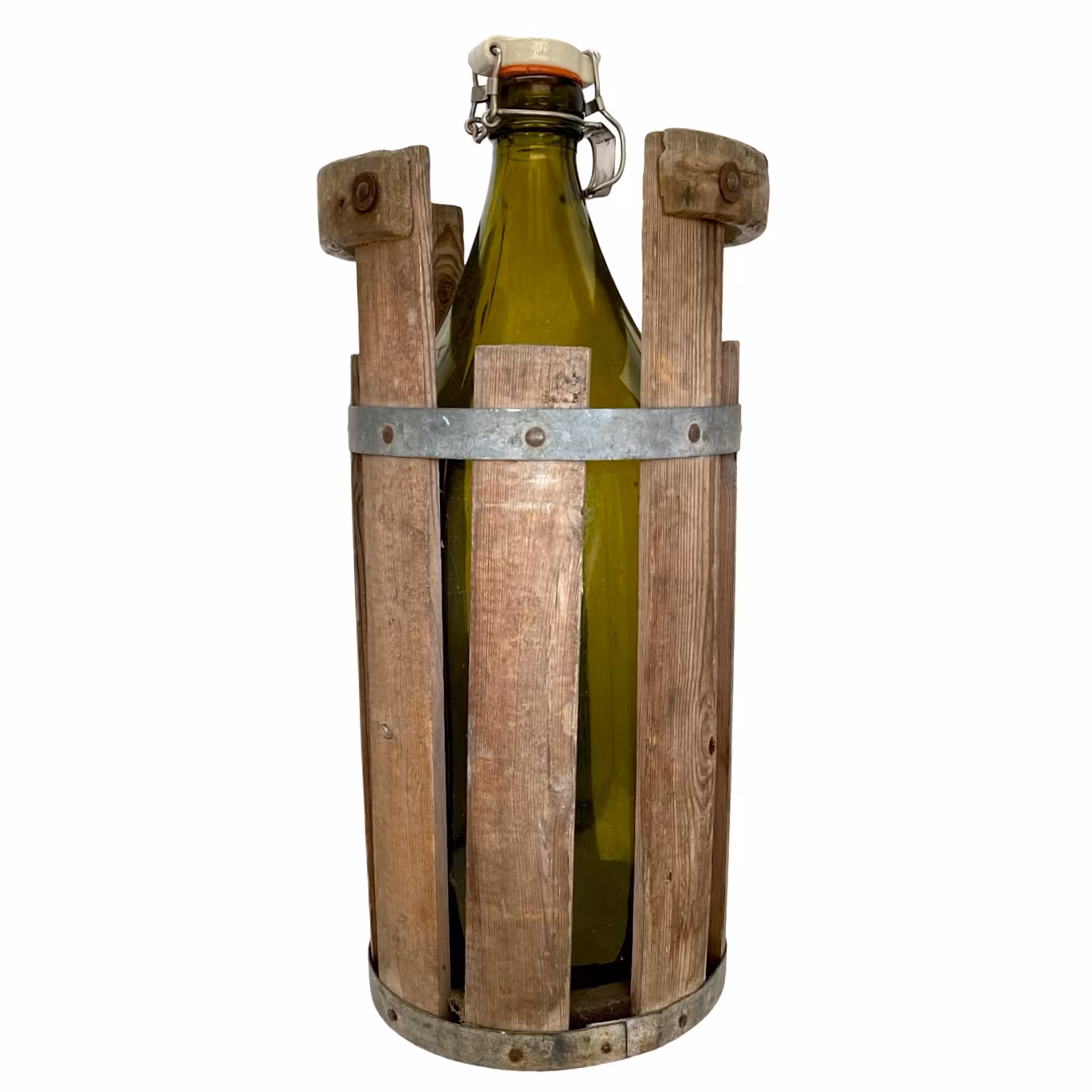 Stor glasflaska i trähållare
