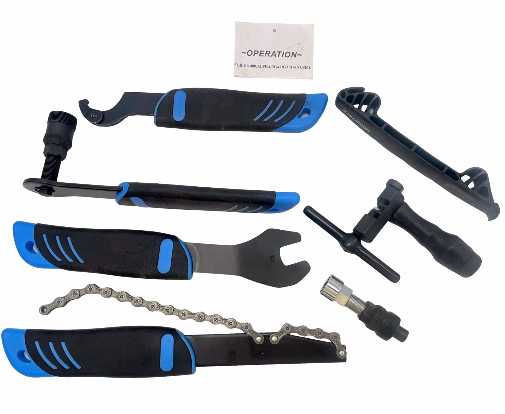 Kit di attrezzi per bicicletta, frusta per catena, estrattore per pedali, ecc.
