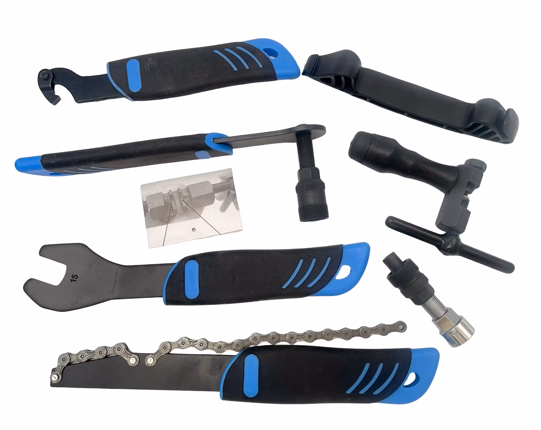 Kit di attrezzi per bicicletta, frusta per catena, estrattore per pedali, ecc.