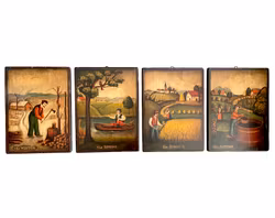 Tableau vintage B. D'Arte F. Conz - Les Quatre Saisons, planches de bois peintes