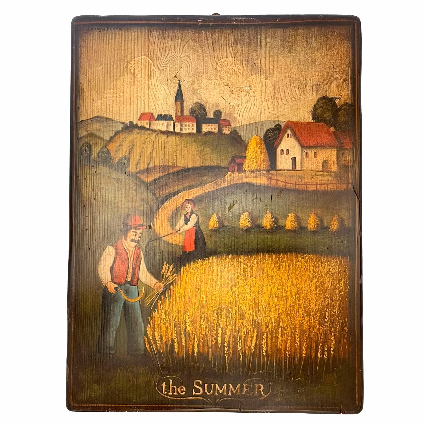 Vintage B. D'Arte F. Conz - Neljä vuodenaikaa, maalatut puulevyt