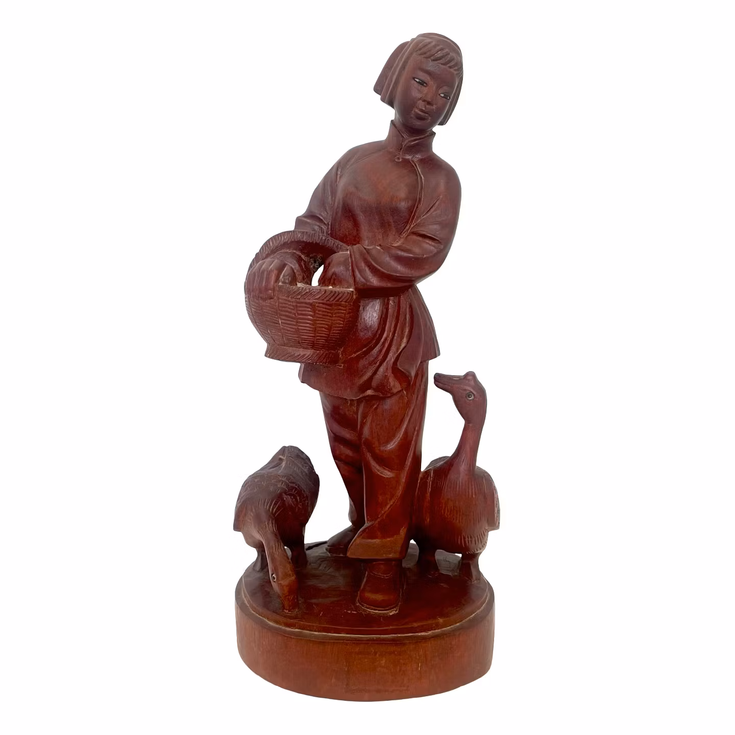 Rzeźba z palisandru chińskiego, Figurka z drewna, Hodowla gęsi, Sygnowana