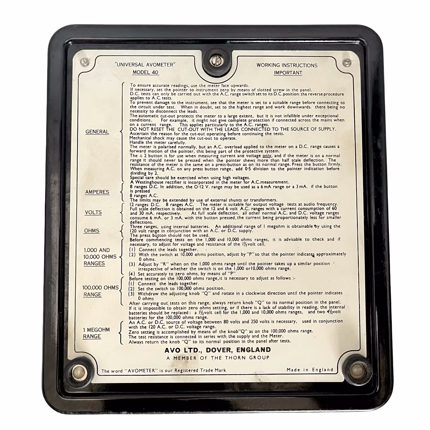 MULTIMETER, Universal - Avometer MK.II Model 40, England.