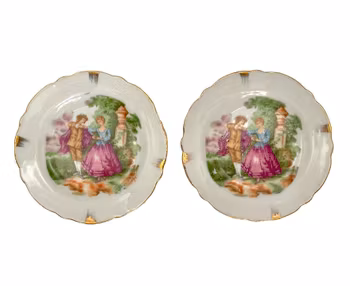 7 st. Vintage små porslin fat med romantiskt motiv