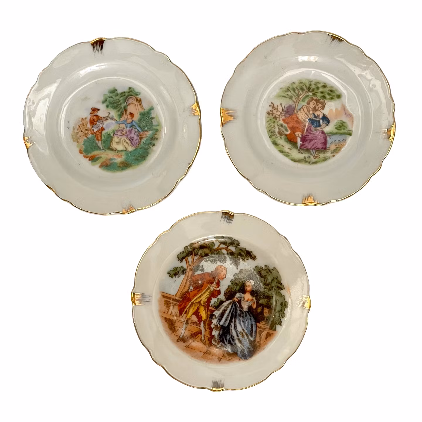 7 st. Vintage små porslin fat med romantiskt motiv