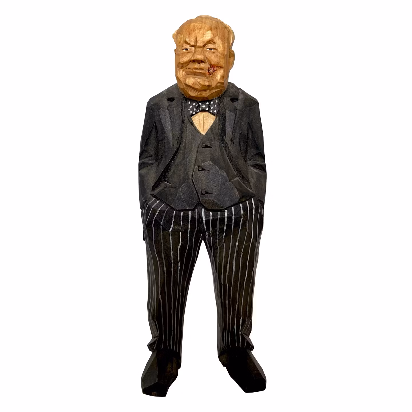 Gunnarssonin puinen hahmo, Winston Churchill, veistetty ja maalattu puu