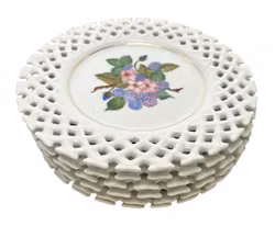 6 stk. vintage fruktfat, håndmalte porselenstallerkener med brutt kant