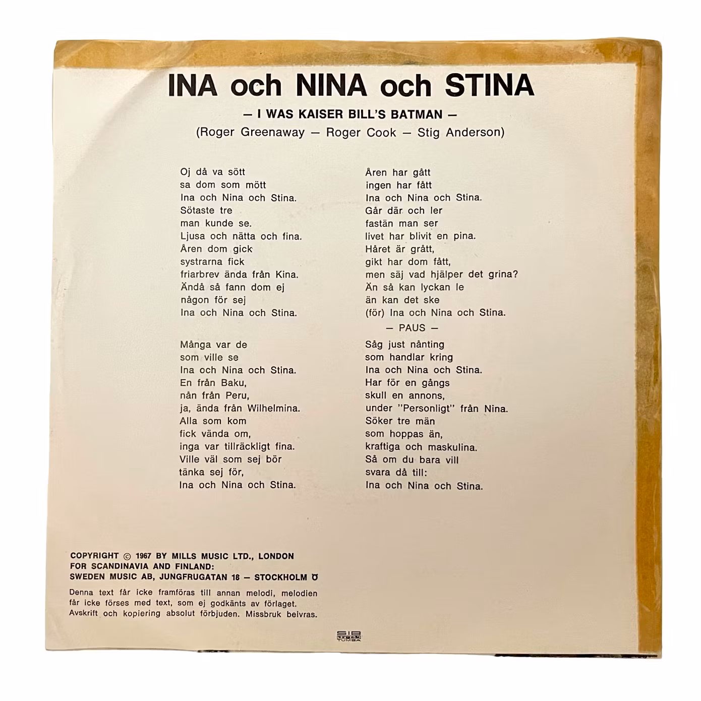 Sonja Stjernquist – Ina Och Nina Och Stina, Vinyl EP