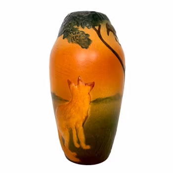 Antik IPSENS ENKE, Vas i handmålad glaserad keramik, dekorerad med fågel och räv. Danmark