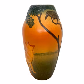 Antik IPSENS ENKE, Vas i handmålad glaserad keramik, dekorerad med fågel och räv. Danmark