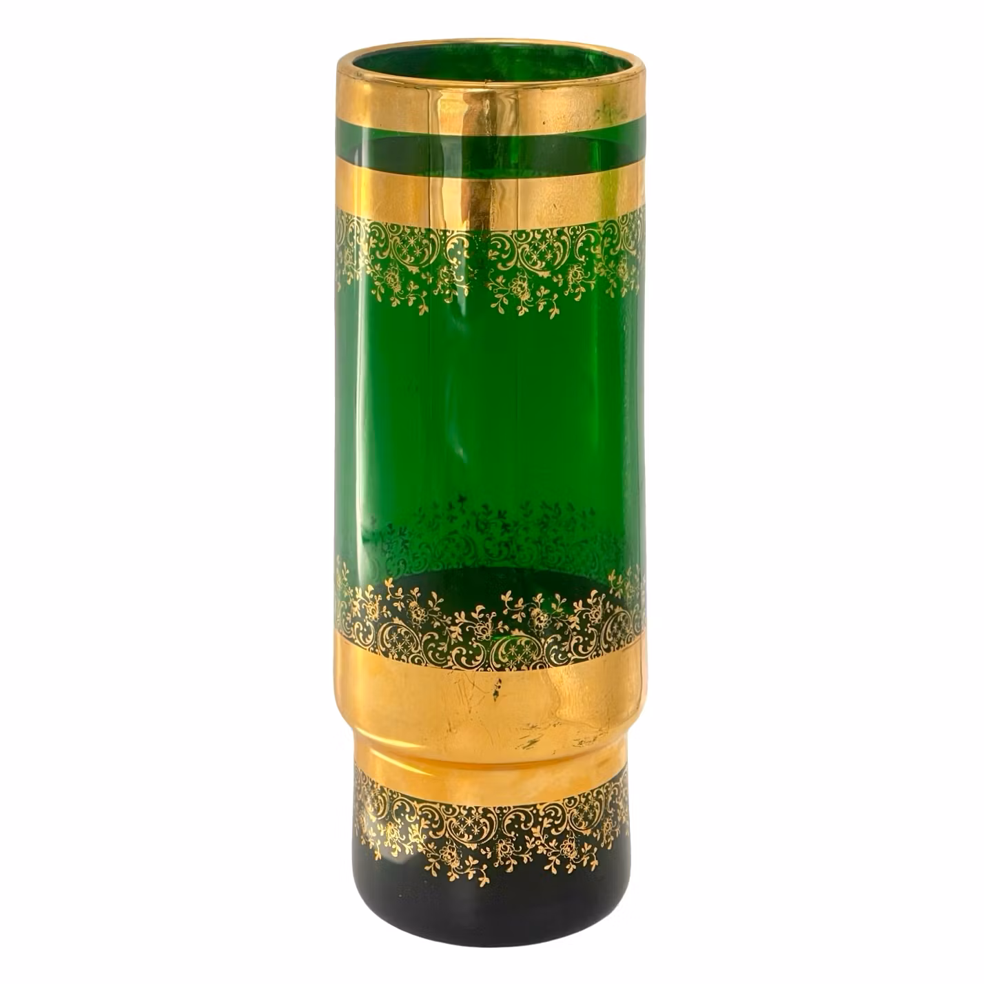 Jarrón antiguo de cristal verde esmeralda pintado a mano.