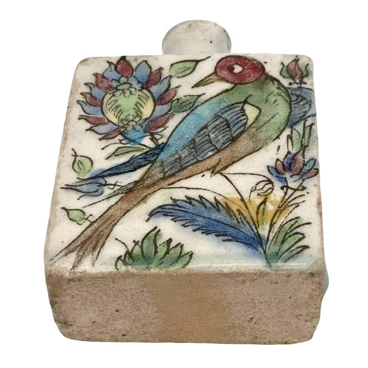 Jarrón antiguo de loza persa pintado a mano con pájaro y gacela.