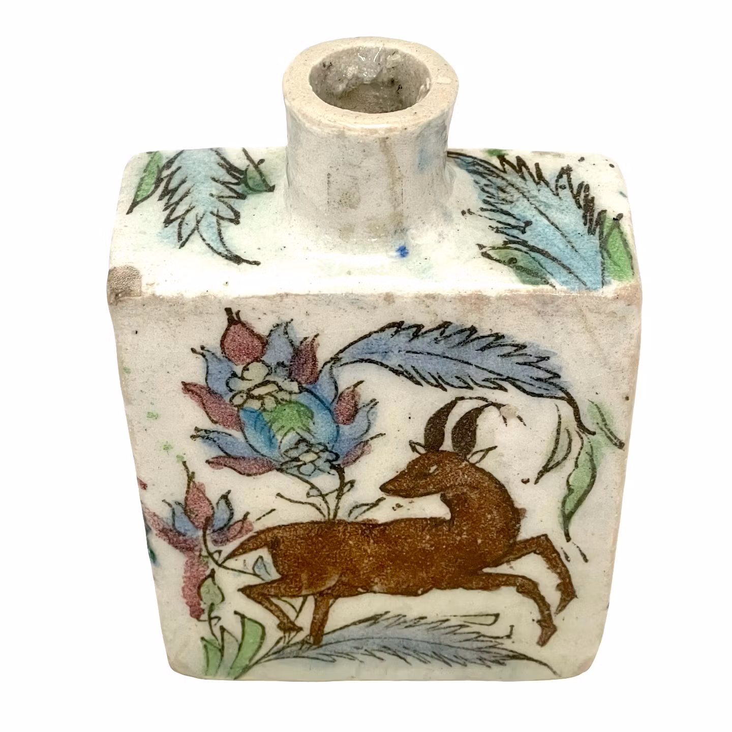 Jarrón antiguo de loza persa pintado a mano con pájaro y gacela.