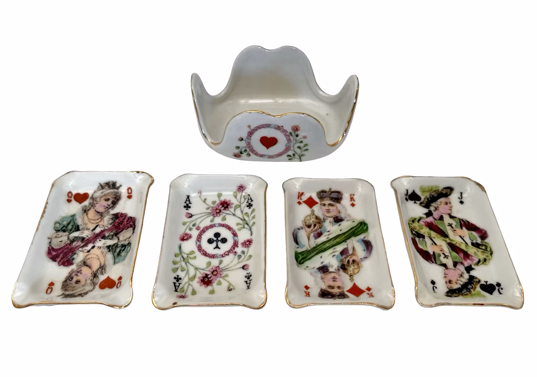 ASKFAT med ställ i porslin med bemålad dekor i form av spelkort 5 delar.