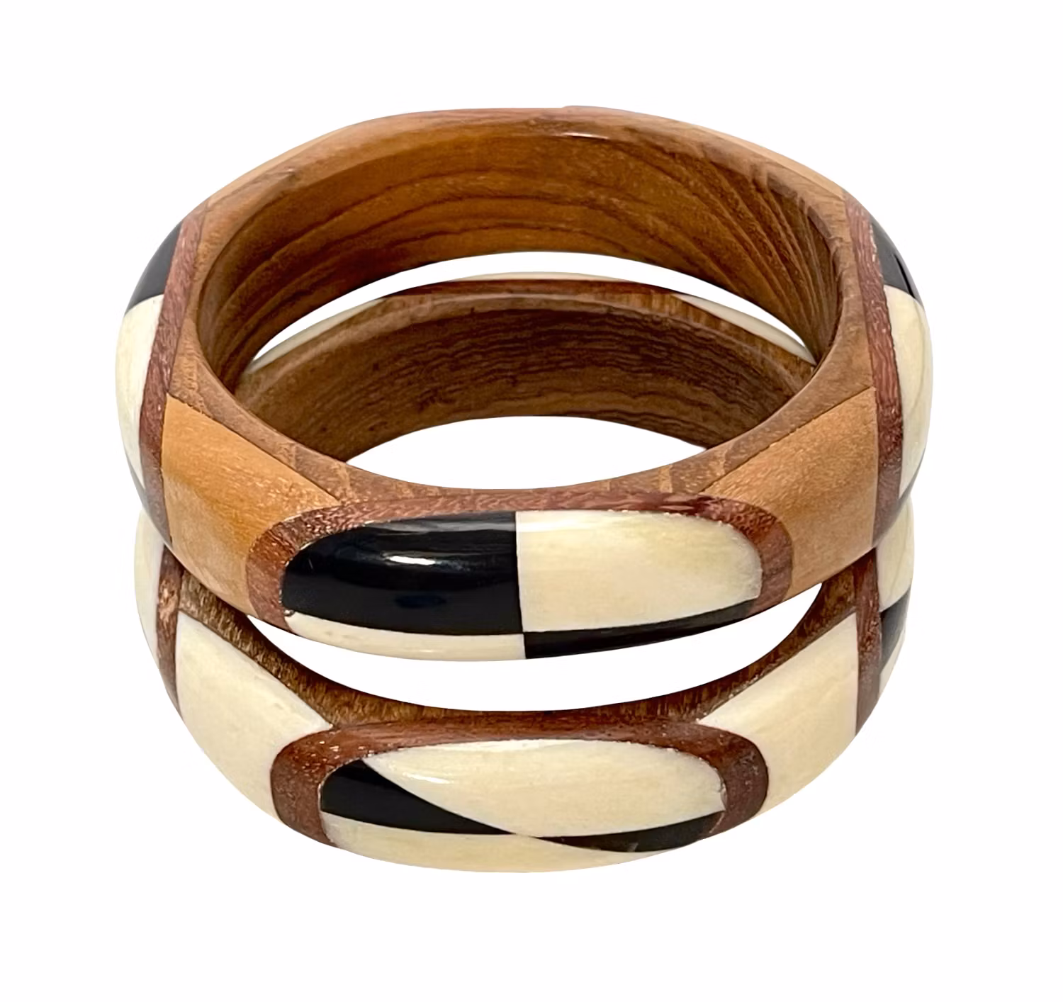 2 szt. Nowoczesna elegancka bransoletka geometryczna, drewno, róg, inkrustacja kostna, ręcznie robiona