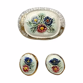 Antyczna broszka i kolczyki, ręcznie malowana porcelana