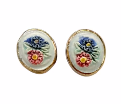 Broche et boucles d'oreilles antiques en porcelaine peinte à la main