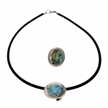 Wisiorek z masy perłowej z pierścionkiem, ręcznie robiona biżuteria meksykańska, wisiorek/broszka z pierścionkiem ze srebra próby 925