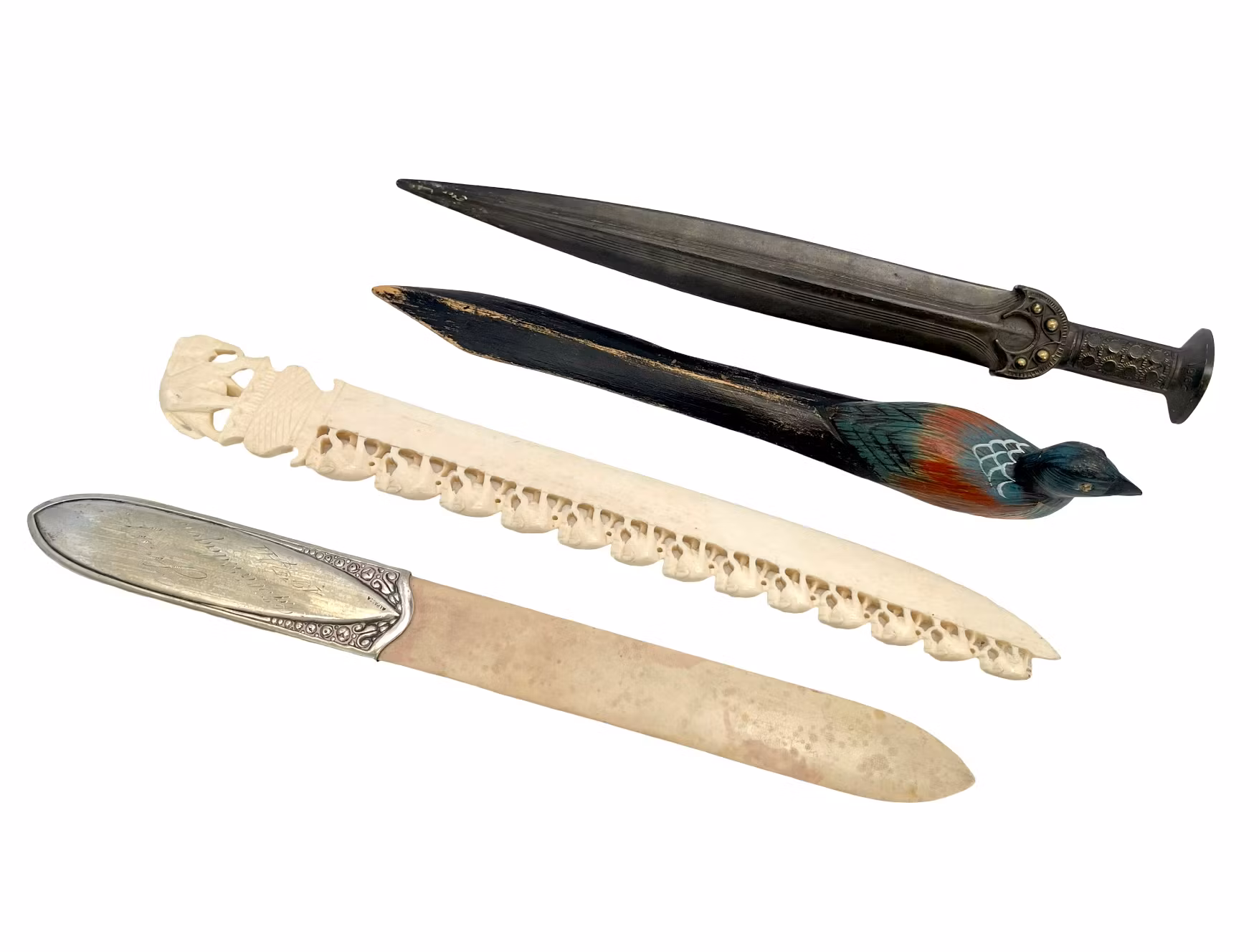 BREVKNIVAR, 4 st, Brons, Ben & Nysilver och Trä