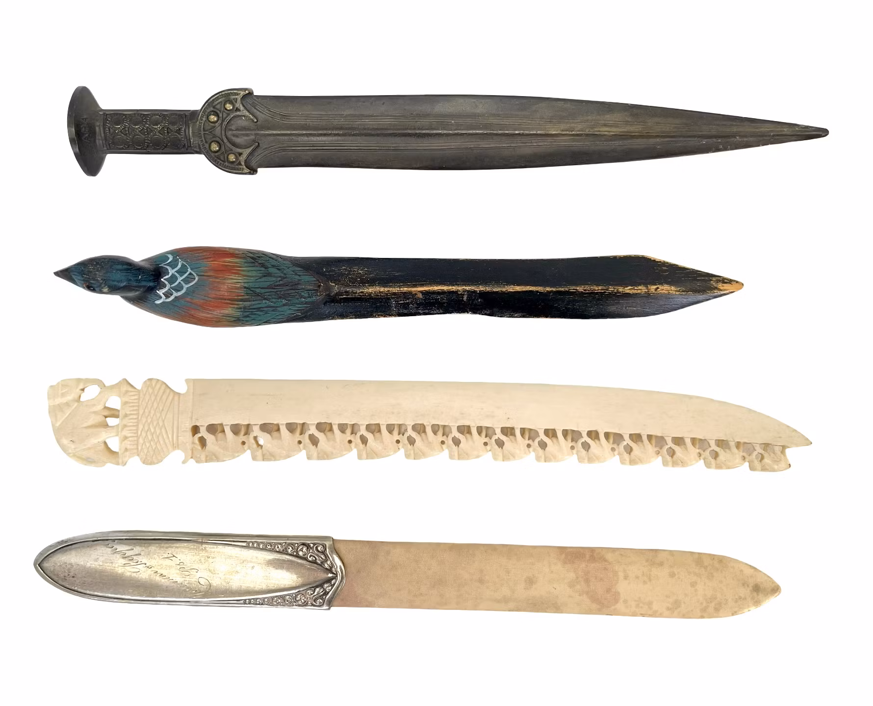 BREVKNIVAR, 4 st, Brons, Ben & Nysilver och Trä