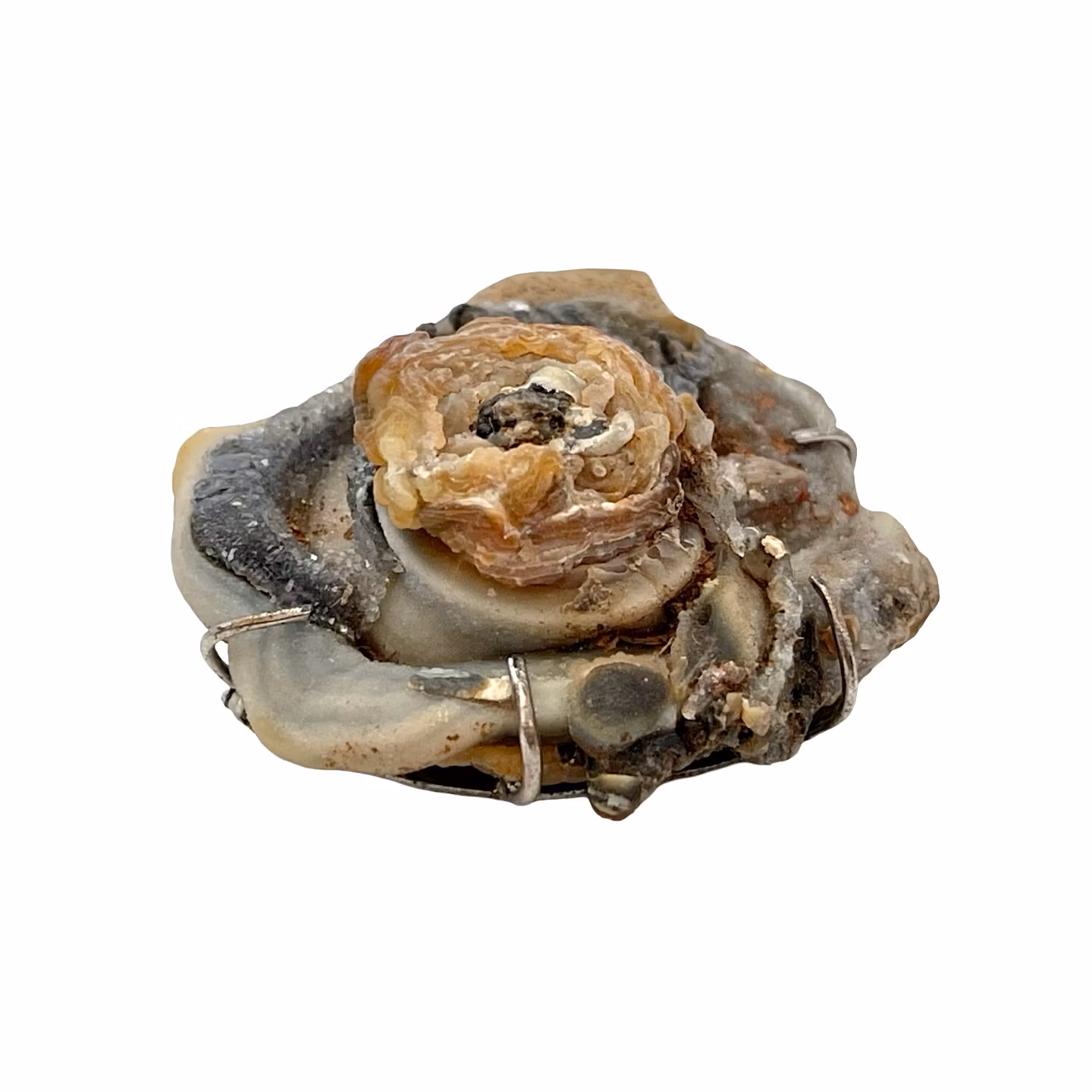 Broszka vintage - kokarda z geody agatowej / chalcedonu ze srebrem