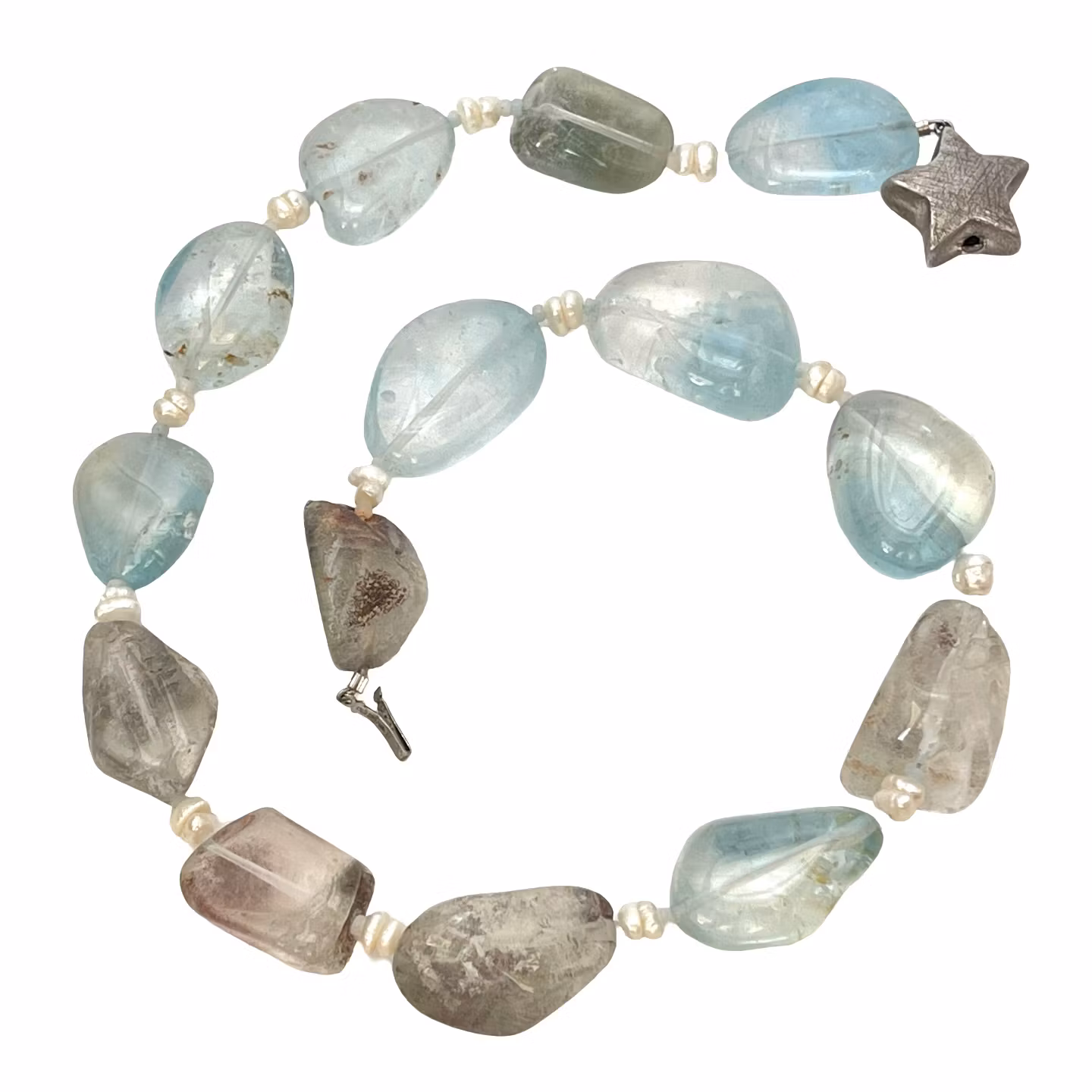 Naszyjnik vintage Akwamaryn z małymi perłami i srebrem