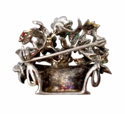 Vintage BROCHE - Kurv med blomster, Sterling sølv 925 med farvet emalje