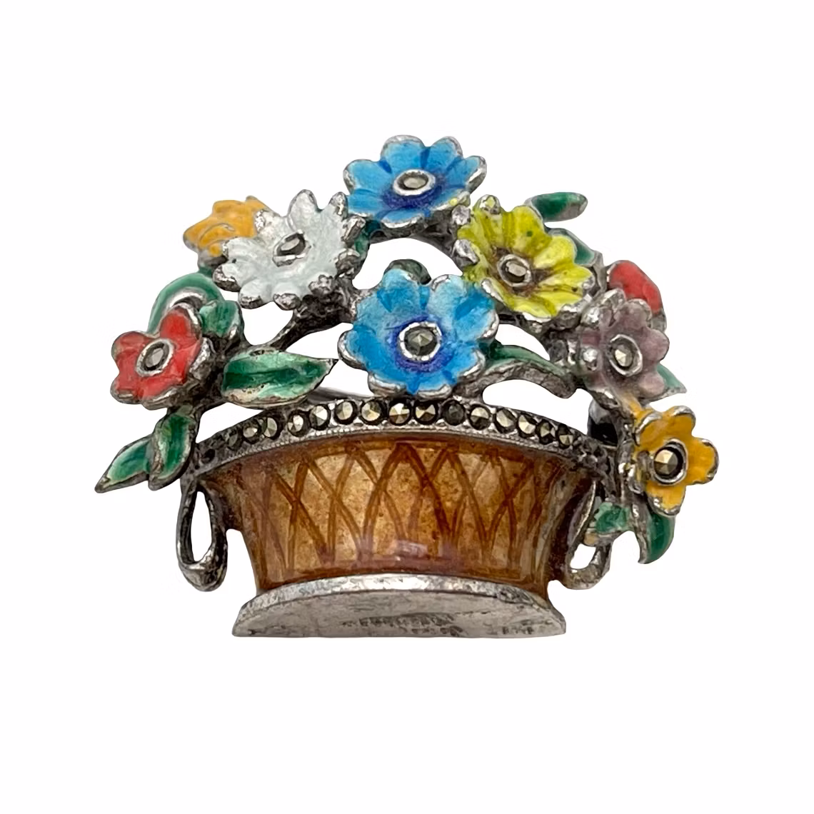Vintage BROSCH - Korg med blommor, Sterling silver 925 med färgad emalj