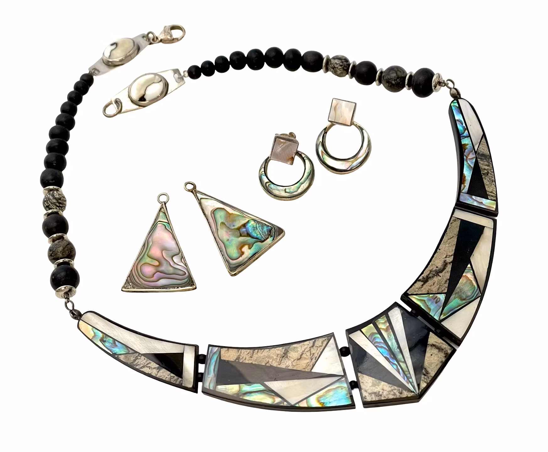 Vintage COLLIER & ÖRHÄNGEN 2 par, Pärlemor med Alpaca och silver lås, Mexico