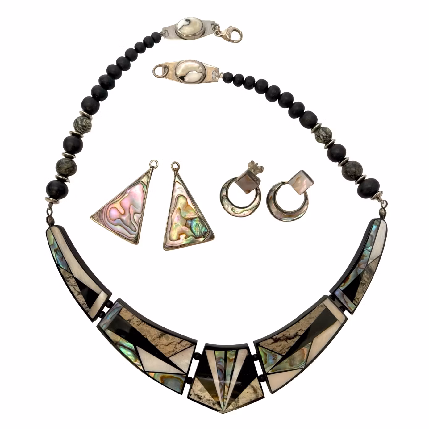 Vintage COLLIER & ÖRHÄNGEN 2 par, Pärlemor med Alpaca och silver lås, Mexico