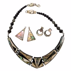 Vintage NASZYJNIK I KOLCZYKI 2 pary, masa perłowa z alpaką i srebrnym zapięciem, Meksyk