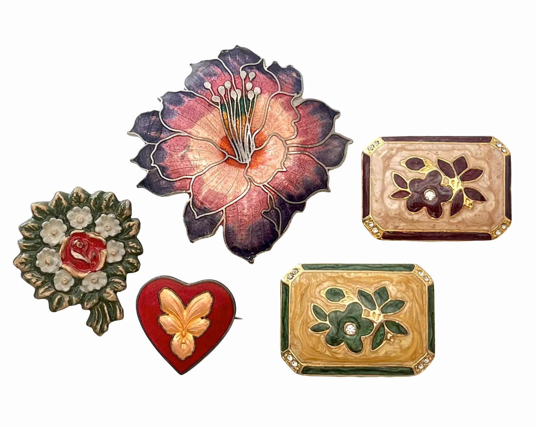 Vintage 5 BROSCHER I form av blommor med färgad emalj, bland Westins Stockholm