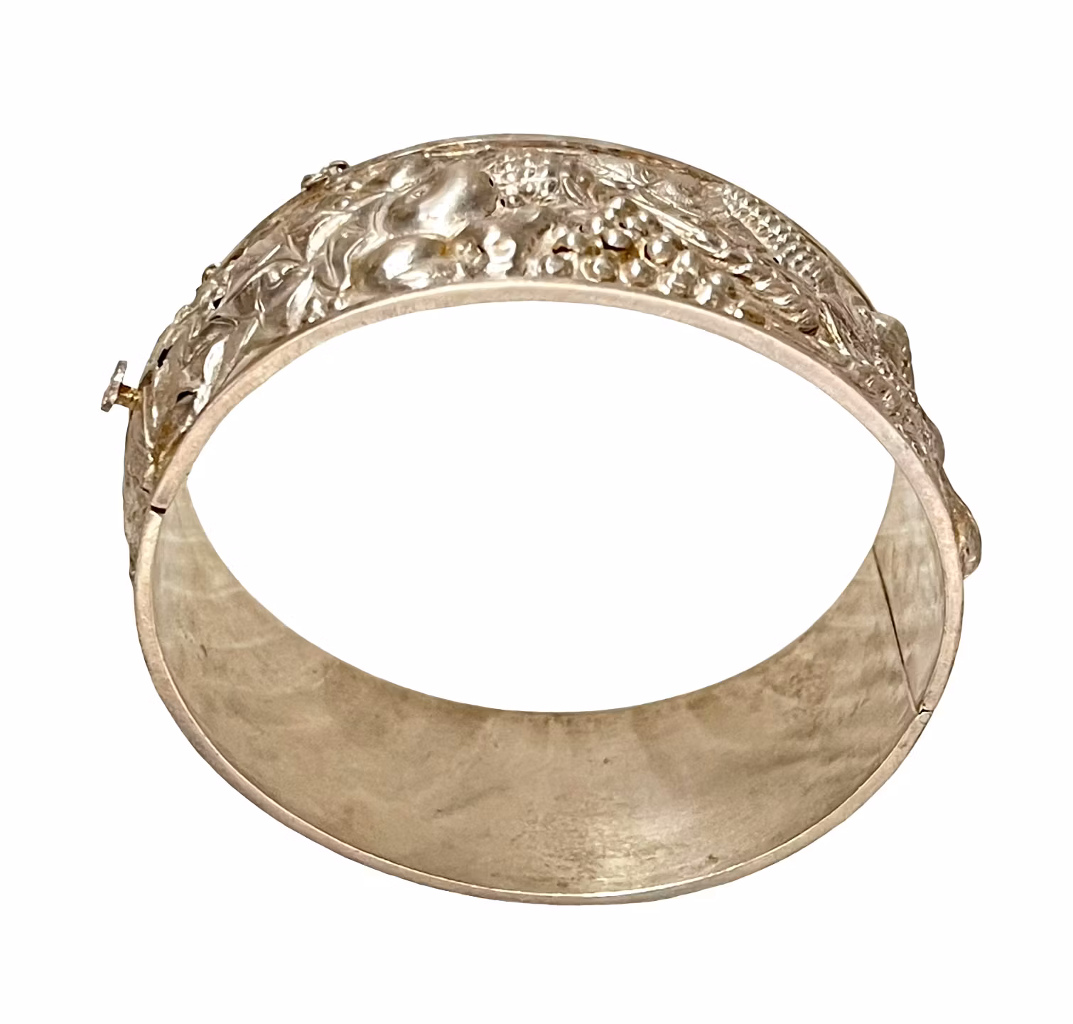 Bransoletka vintage, srebrna, relief z motywem napisu, tłoczona