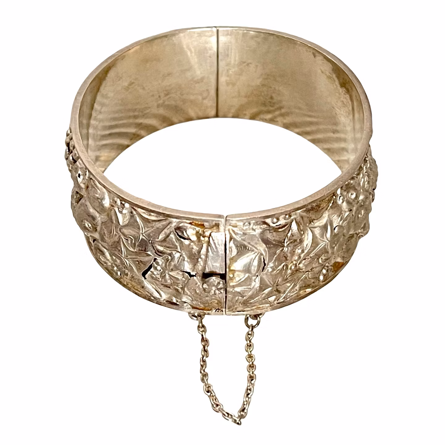 Bransoletka vintage, srebrna, relief z motywem napisu, tłoczona